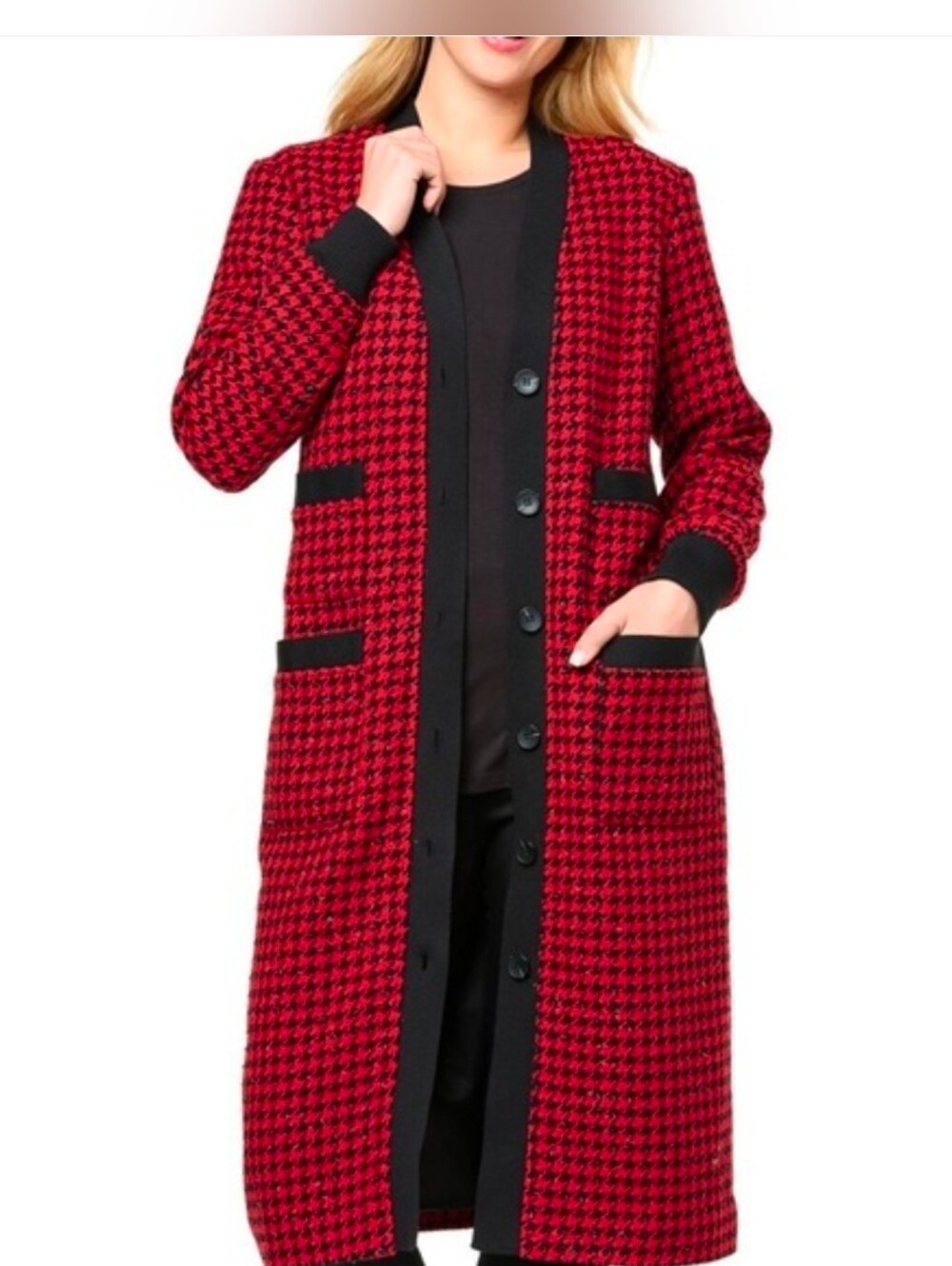 Kathy Ireland Fashion 360 red and black houndstooth duster jacket.